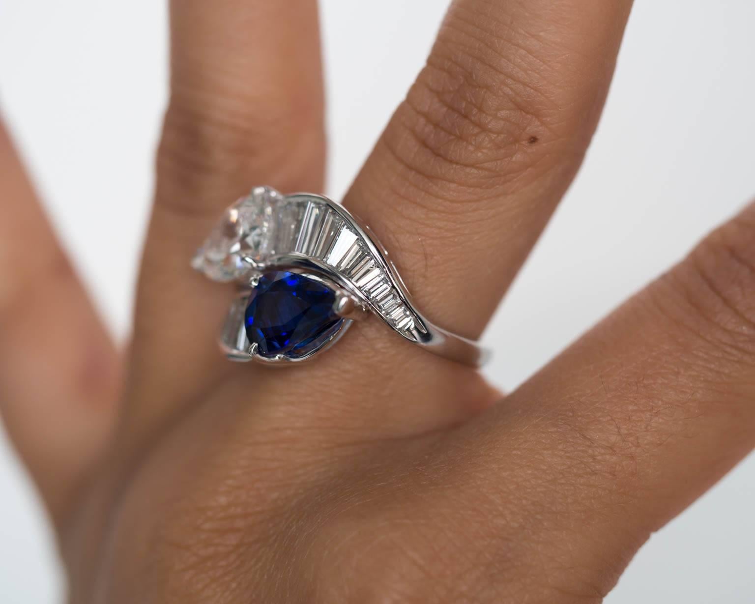 Women's 1950s Crossover Pear Shape Diamond Sapphire Platinum Ring