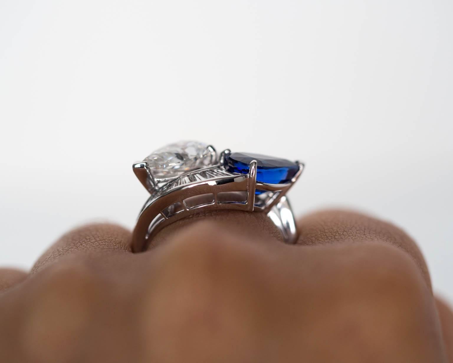 1950s Crossover Pear Shape Diamond Sapphire Platinum Ring 3