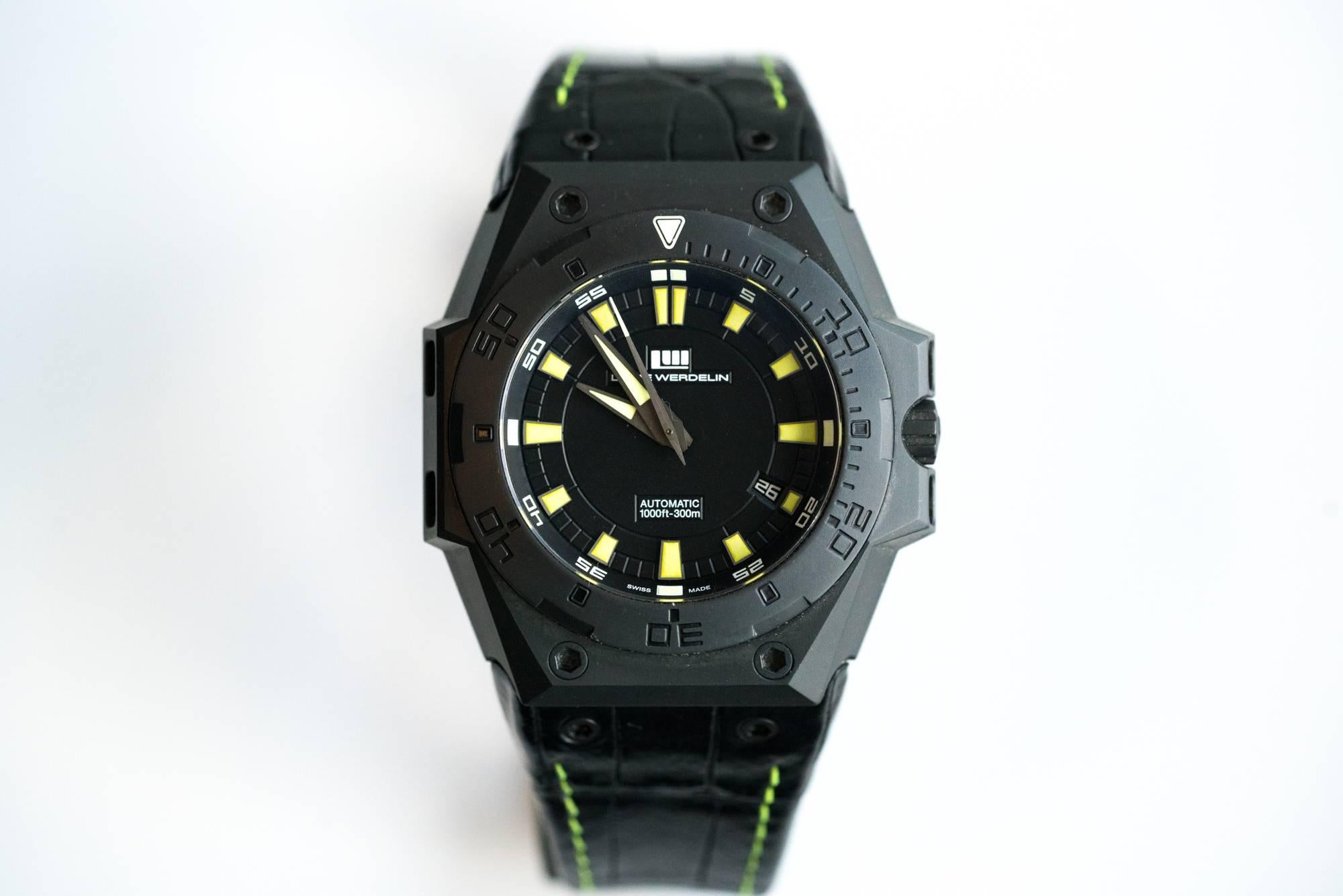Swiss made Linde Werdelin diver watch, Limited Edition number 77 of 88 made. The band shows as new with little to no wear. The clasp and case shows some minor wear but it is DLC coated so expect minimal wear and tear. The crystal is perfect, and the