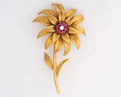 Tiffany & Co 1950s 18 Karat Gold Italian Flower Pin with Diamond and Ruby Accent