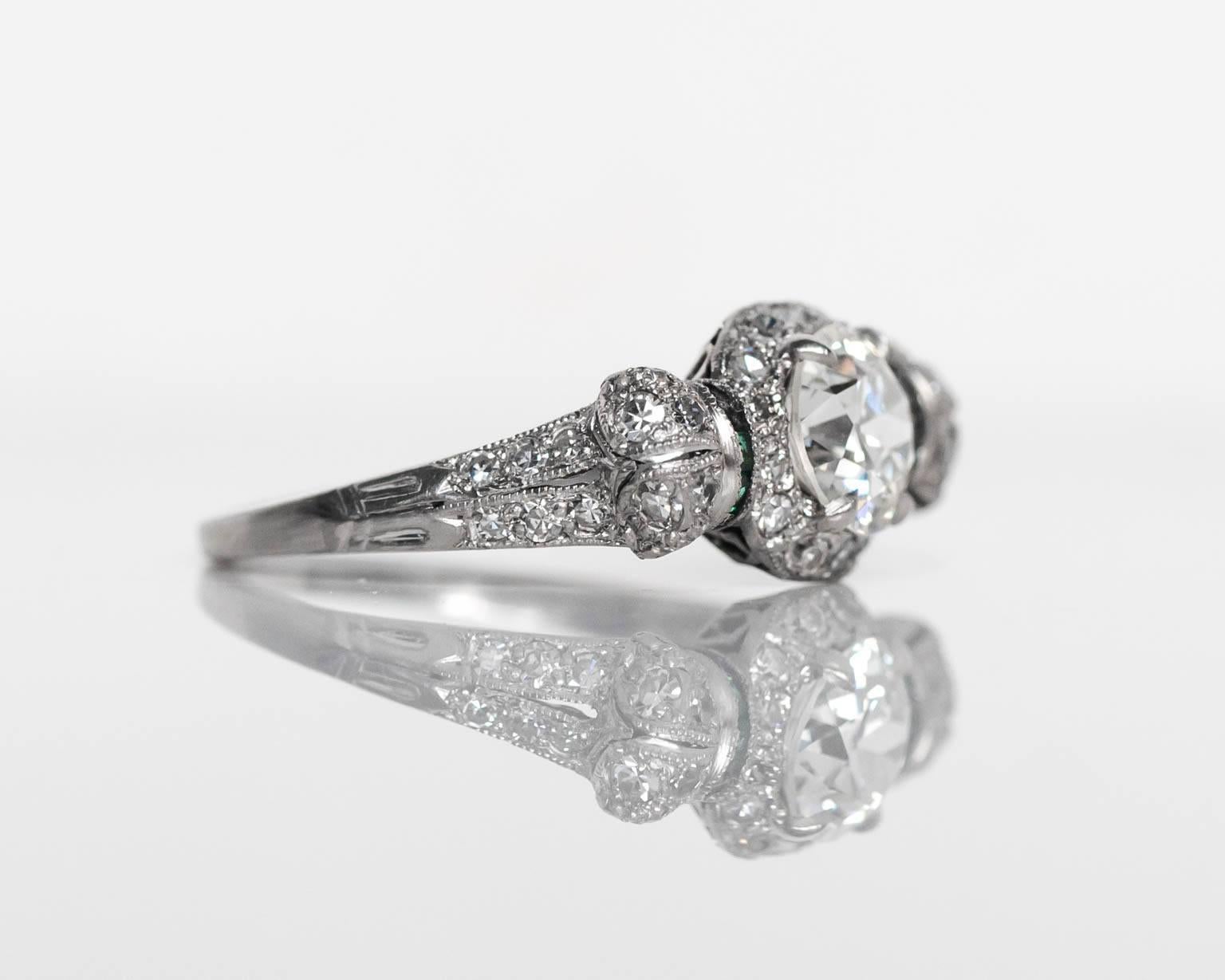 1920s Art Deco Emerald Diamond Platinum Engagement Ring In Excellent Condition In Atlanta, GA