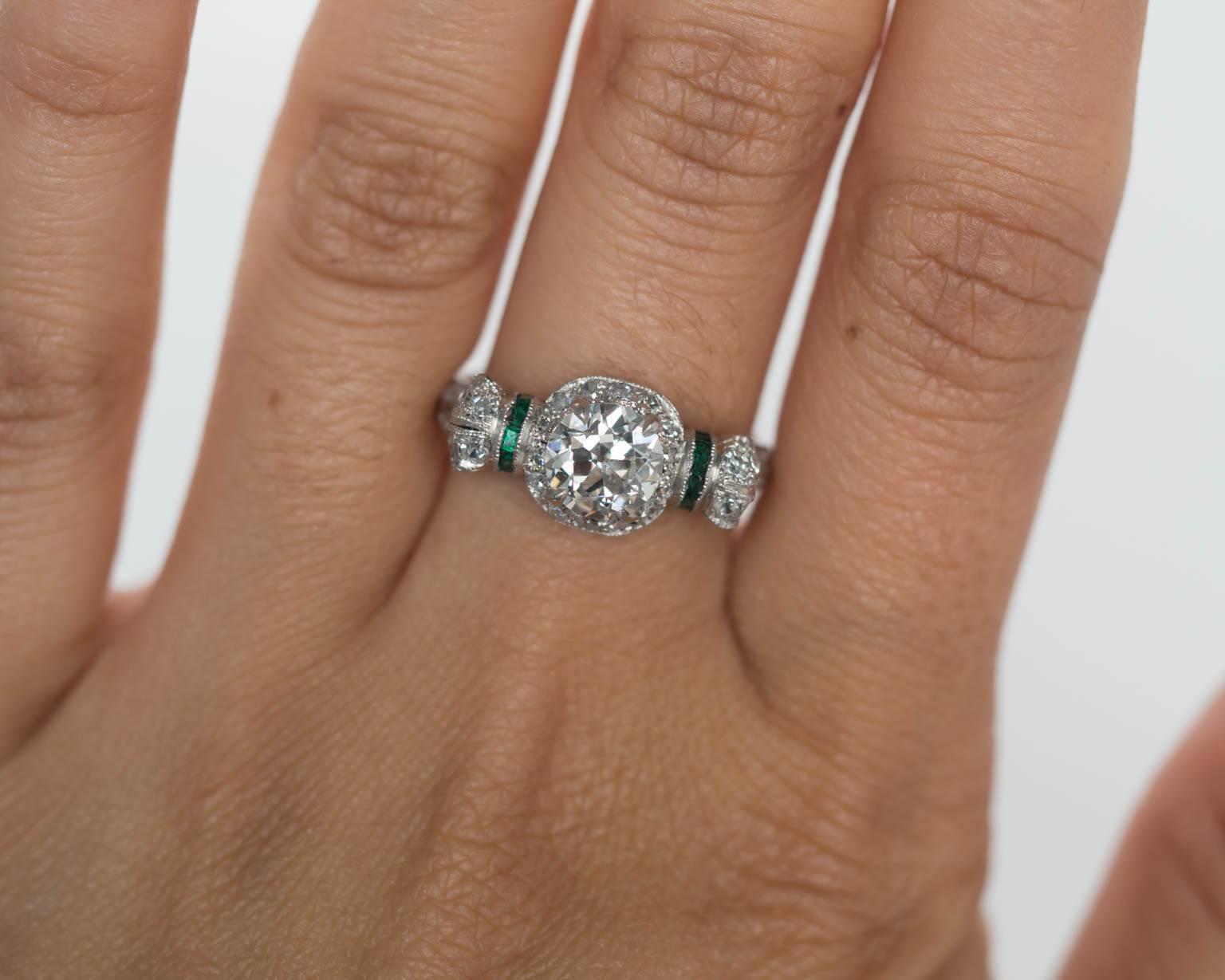 Women's 1920s Art Deco Emerald Diamond Platinum Engagement Ring