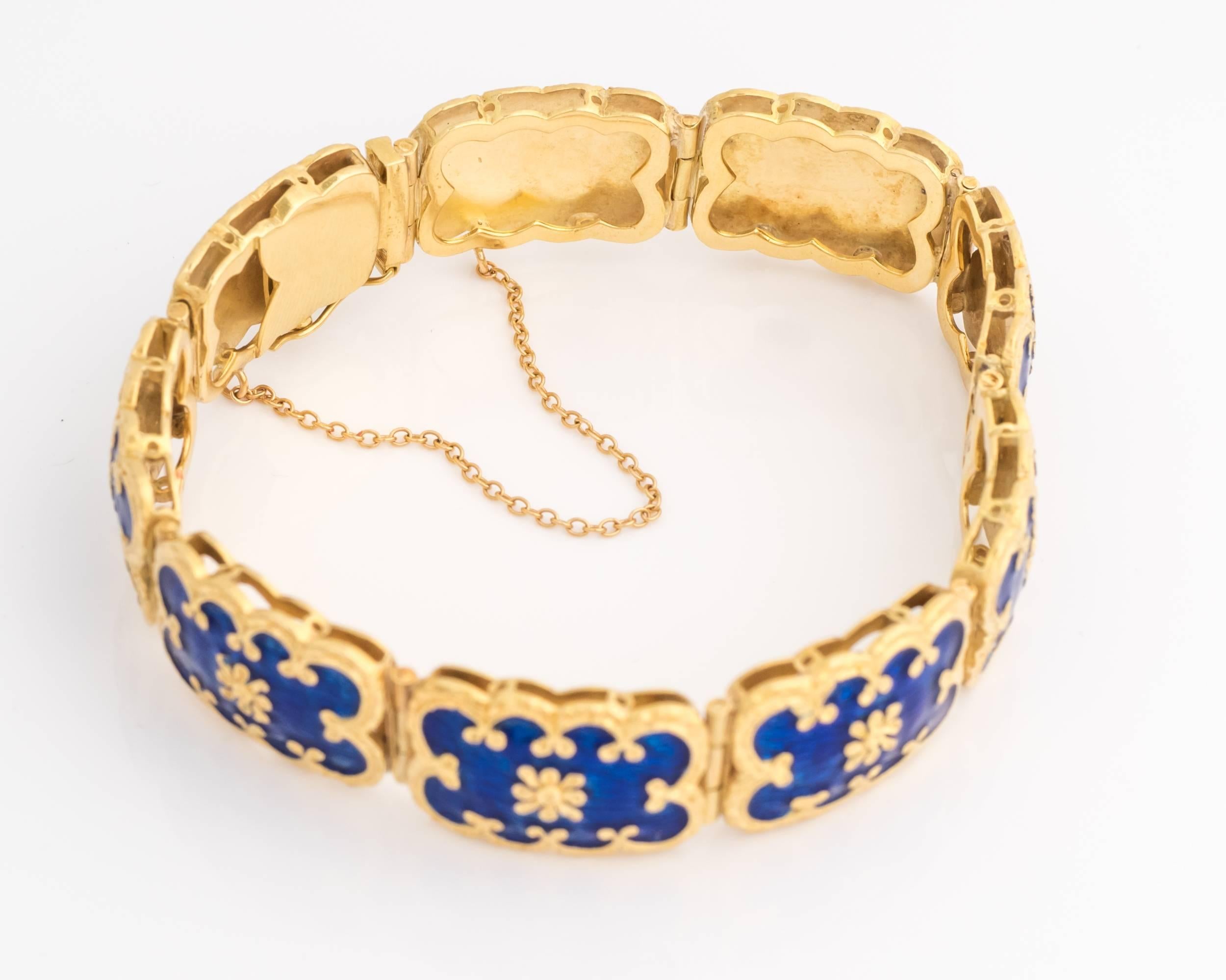 Gorgeous bracelet, made in the 1920s. Crafted in high quality, long-lasting 18k yellow gold, the pattern visible on the bracelet is entirely symmetrical, true to it's deco age. Bright blue enamel features elegant color play, creating an appearance