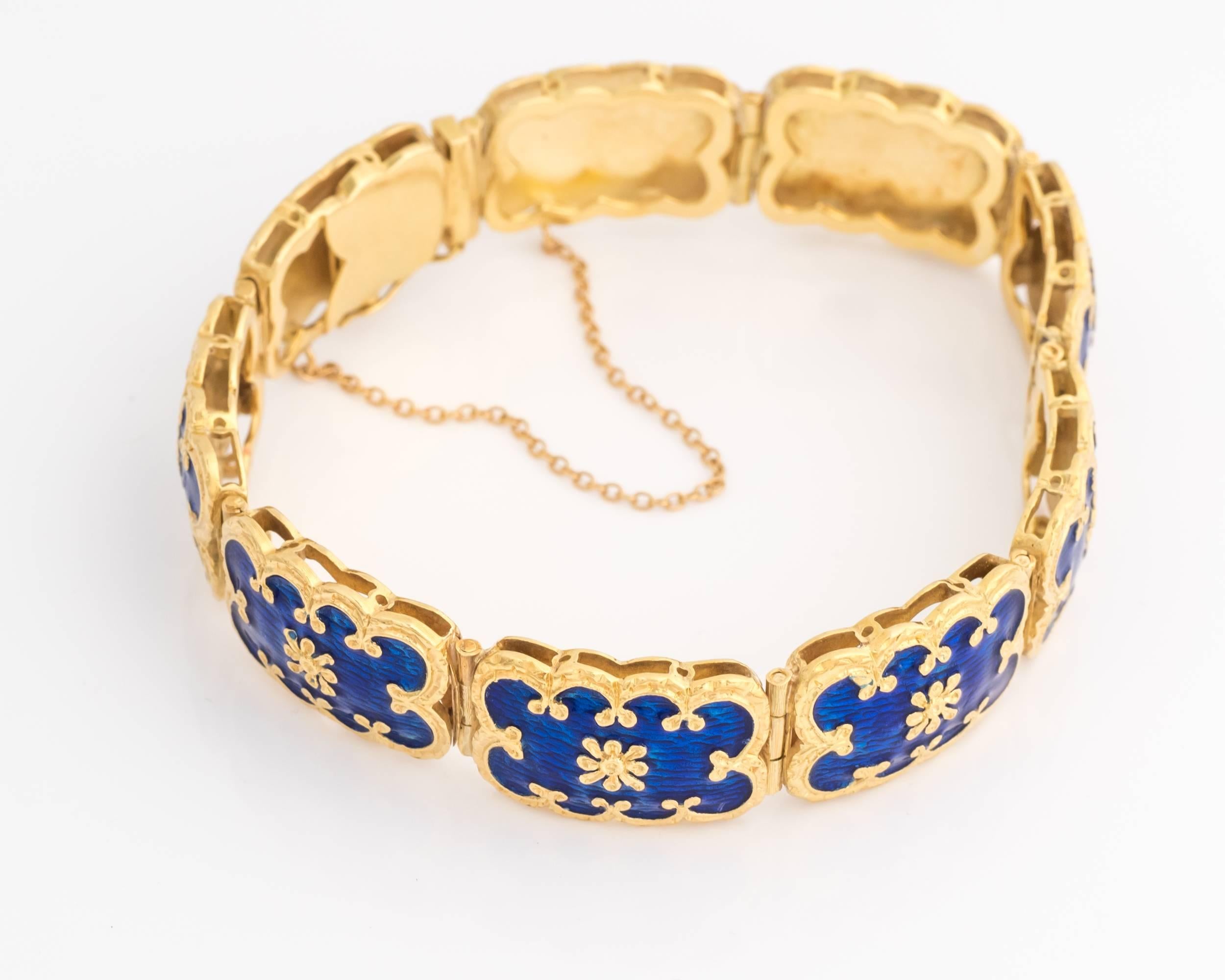 Blue Enamel Gold Scroll Design Bracelet 1