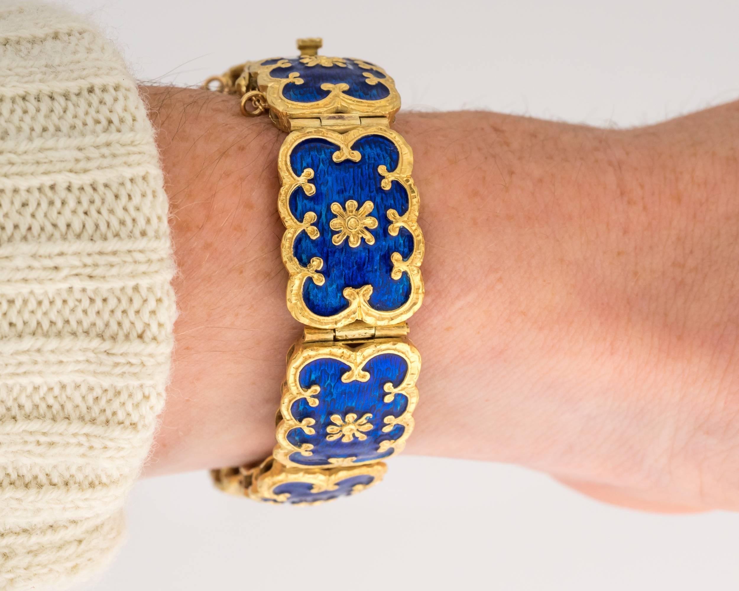 Blue Enamel Gold Scroll Design Bracelet 3