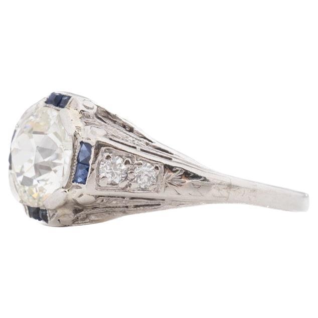 Platinum GIA 1.27ct Old European Brilliant Diamond and Sapphire Engagement Ring For Sale