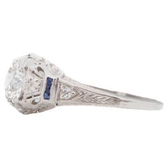 1920s Platinum GIA Old European Brilliant Diamond and Sapphire Engagement Ring