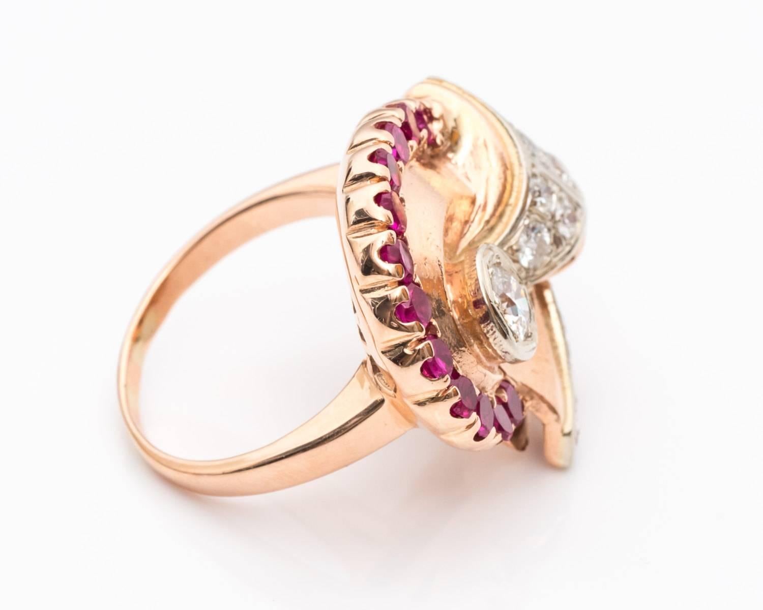 Retro 1950s Old European Diamonds Rubies Two-Color Gold Ring For Sale