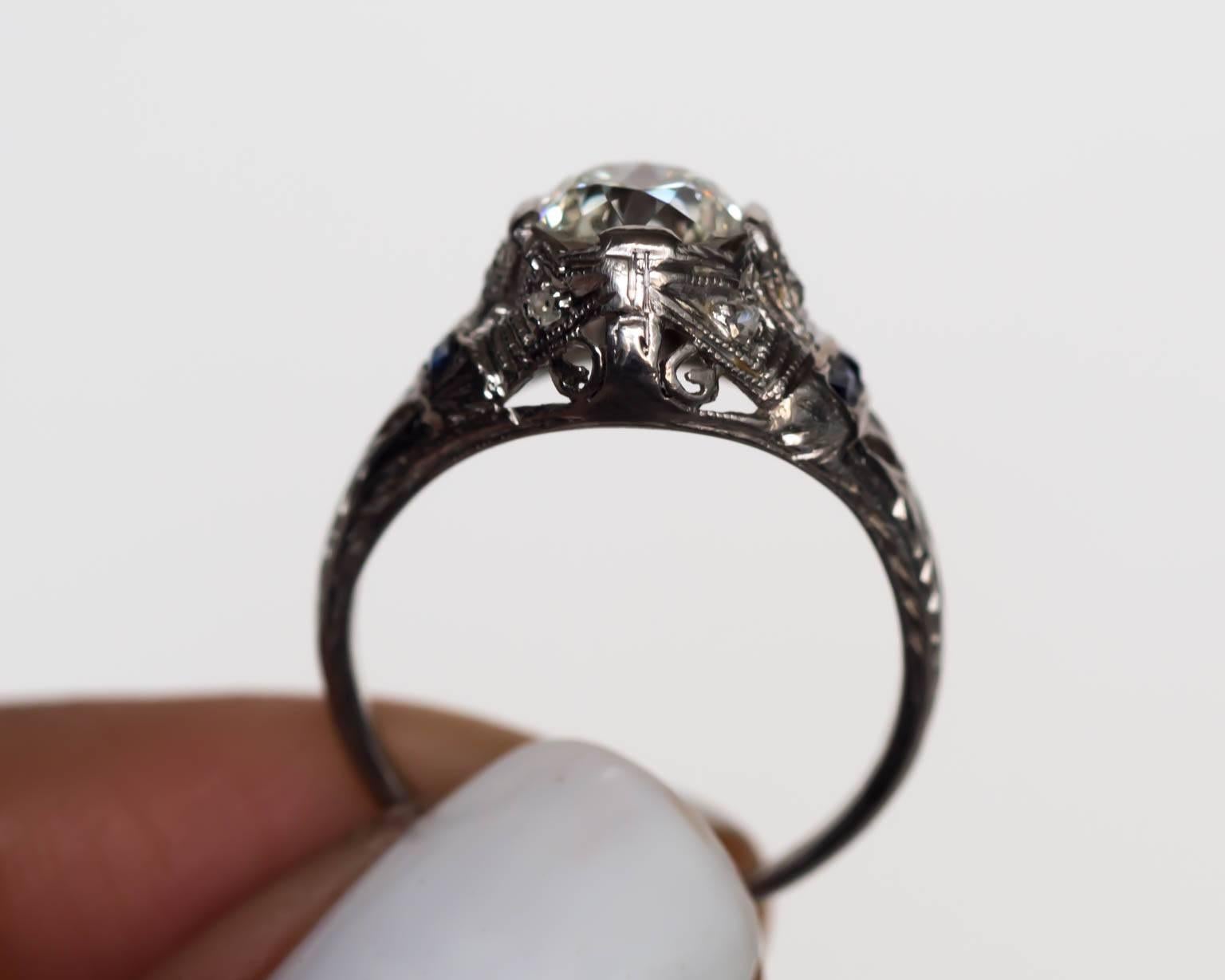 Old European Cut 1920s Art Deco Platinum 1.09 Carat Diamond Engagement Ring with Sapphires For Sale