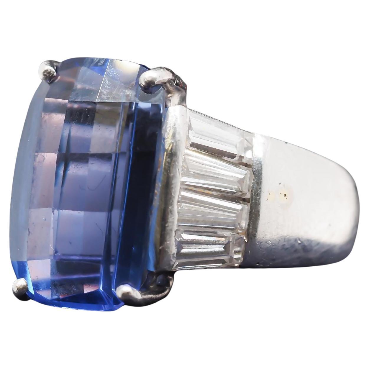 Estate Platinum Checkerboard Facet Tanzanite and Baguette Diamond Ring