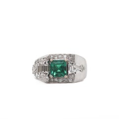 Estate 1940s Platinum AGL Colombian Emerald and Diamond Ring - VEG#81b