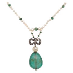 Estate Victorian GIA 30ct Colombian Emerald with Rose Cut Diamonds and Pearl