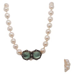 Estate Victorian Russian Emerald and Old Mine Diamond  Clasp Pearl Necklace -