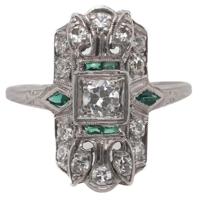 Circa 1920 Art Deco Platinum Diamond and Emerald Ring - VEG#47b