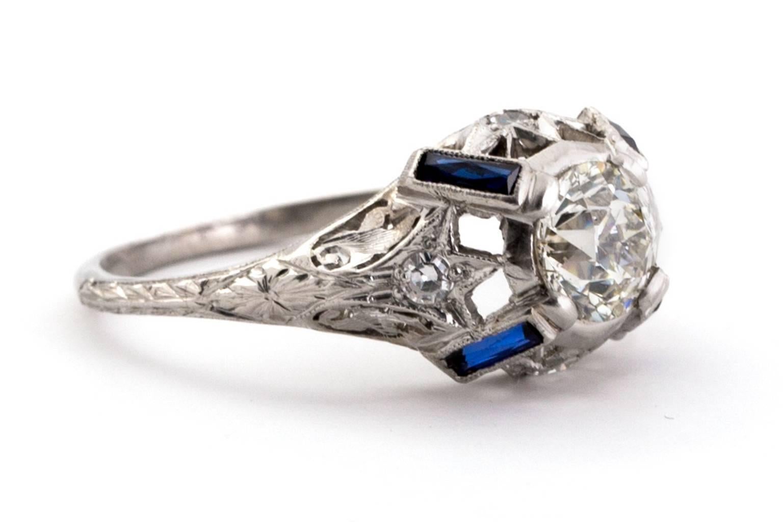 1925 Art Deco Platinum 1.00 Carat Diamond Engagement Ring with Natural Sapphires In Excellent Condition For Sale In Atlanta, GA