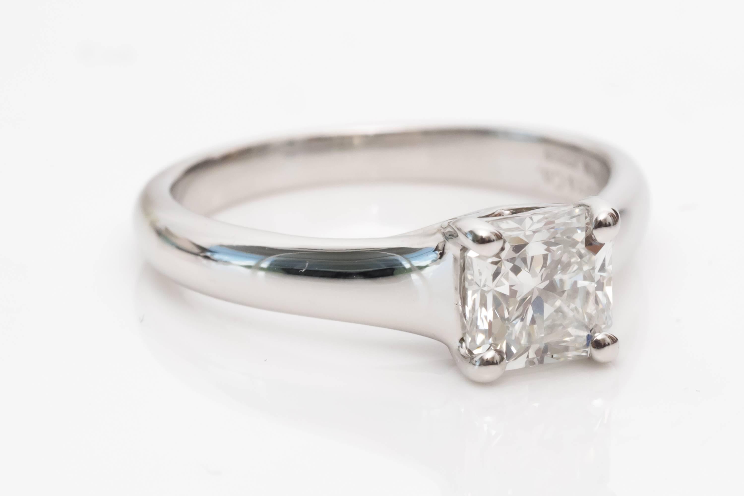 You're guaranteed a unique ring with this Tiffany & Co piece. The shape is called Lucida and it looks similar to a square cushion shape, but with unique facets. The square stone shines similar to a princess cut but with more depth and clarity. The