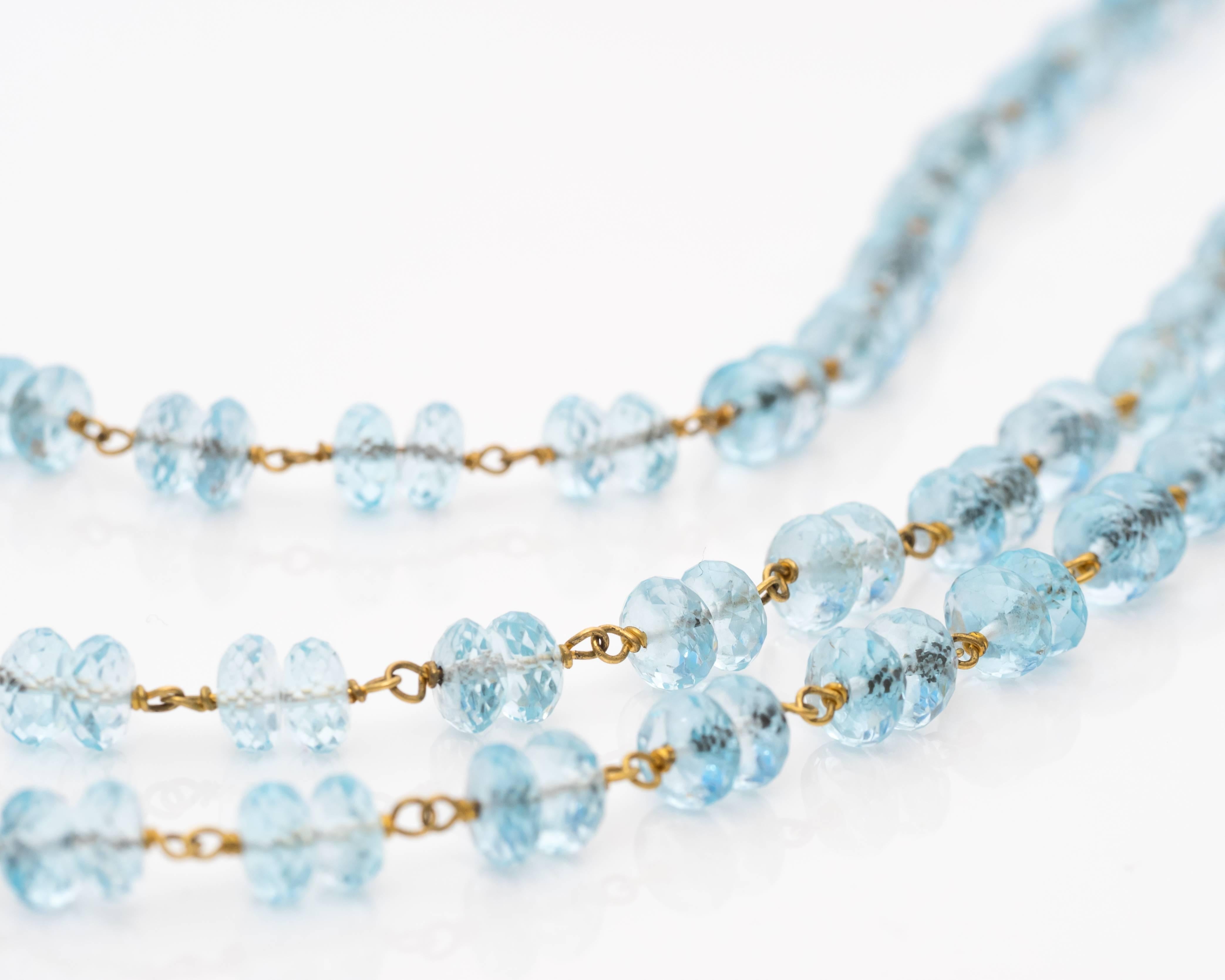 Women's 1960s Briolette Blue Topaz 14k Yellow Gold 3 strand Necklace