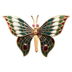 Estate 18K Gold Butterfly Articulating Wing Plique A Jour Brooch - VHK#312A