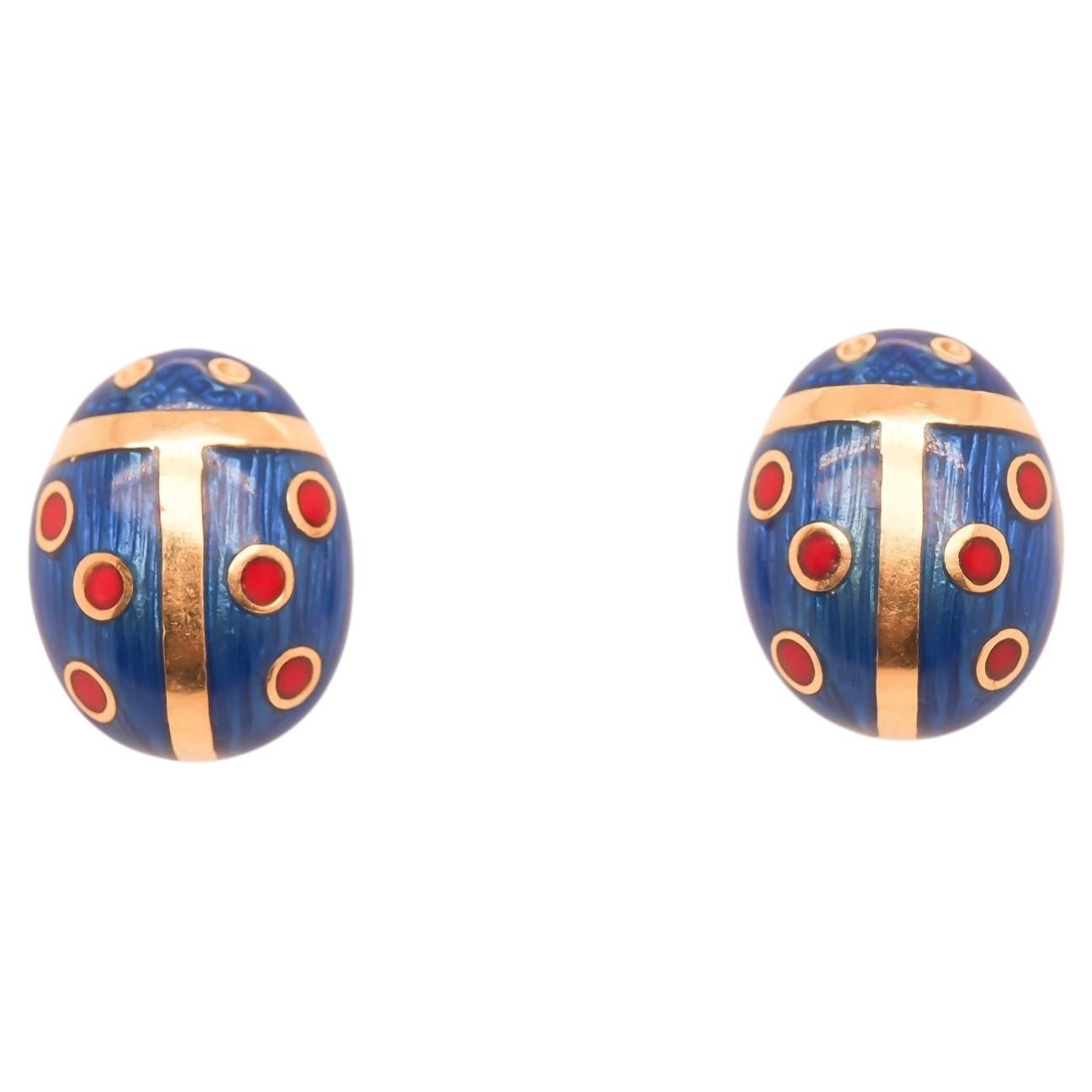 Estate Vintage 18K Yellow Gold Enamel Lady Bug Earrings - VHK#557A
