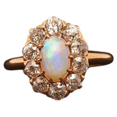Estate 14K Gold Natural Opal & 1.50 CTW Old Mine Diamond Halo Ring - VHK#477B