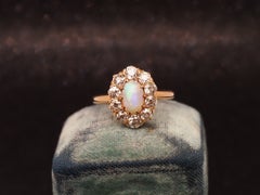 Estate 14K Gold Natural Opal & 1.50 CTW Old Mine Diamond Halo Ring - VHK#477B