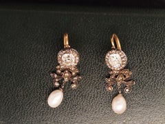 Edwardian Yellow Gold Old Mine Diamond Detachable Dangling Pearl Earrings