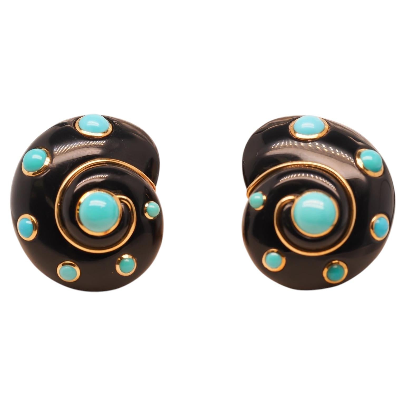 Pre-owned Verdura Estate Vintage  18k Yellow Gold Turquoise And Enamel Seashell Earrings