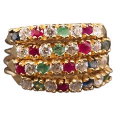 Estate Vintage 14K Yellow Gold Ruby, Sapphire, Emerald and Diamond Band