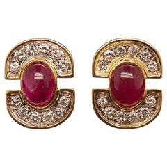 Estate 18K Yellow Gold Ruby Cabochon and Diamond Earrings - VHK504B