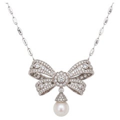 Estate 18K White Gold Diamond and Pearl Ribbon Pendant Necklace - VHK#966A
