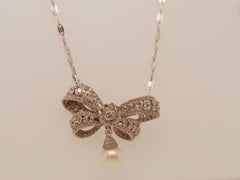 Estate 18K White Gold Diamond and Pearl Ribbon Pendant Necklace - VHK#966A
