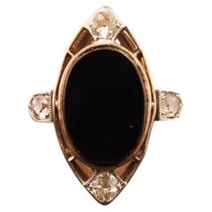 14K Yellow Gold Art Deco Onyx and Old European Diamond Ring - VHK#12