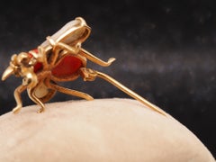 Estate 14K Gold Vintage Coral and Mother Of Pearl Fly Bug Brooch - VHK#1033