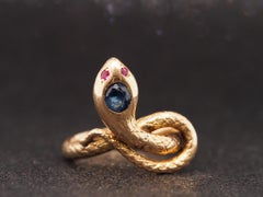 Estate Vintage 18K Yellow Gold Snake Ring with Ruby and Sapphire - VHK#640c