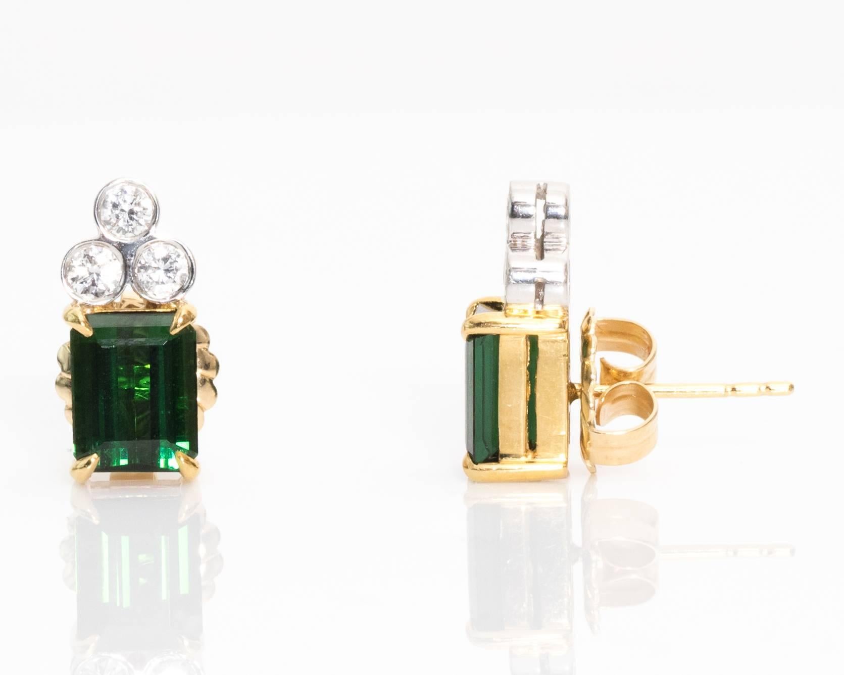 Modern 1980s Green Tourmaline and Diamond Earrings