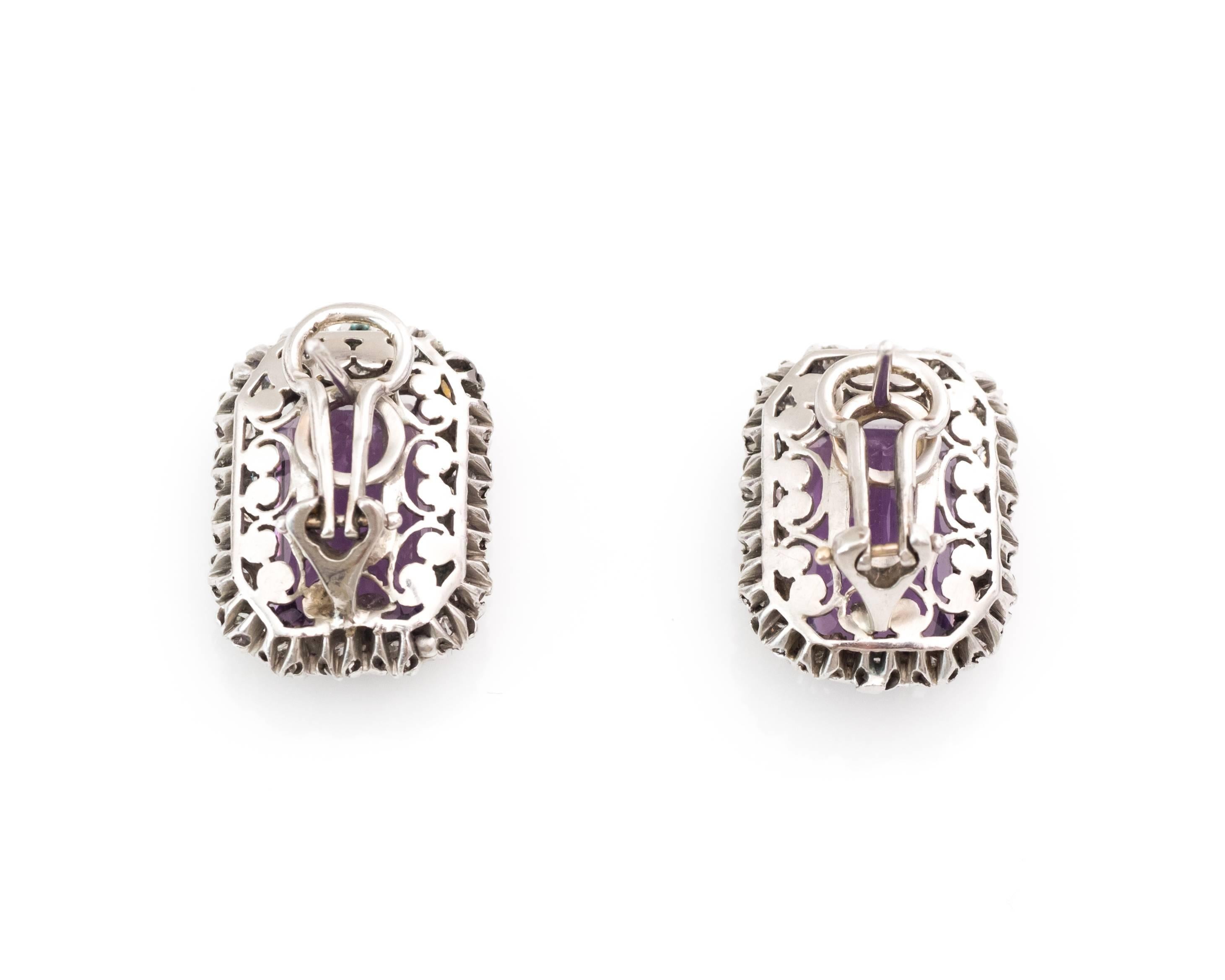 Emerald Cut 1930s 10 carat total Amethyst, Diamond and 14 karat White Gold Clip On Earrings