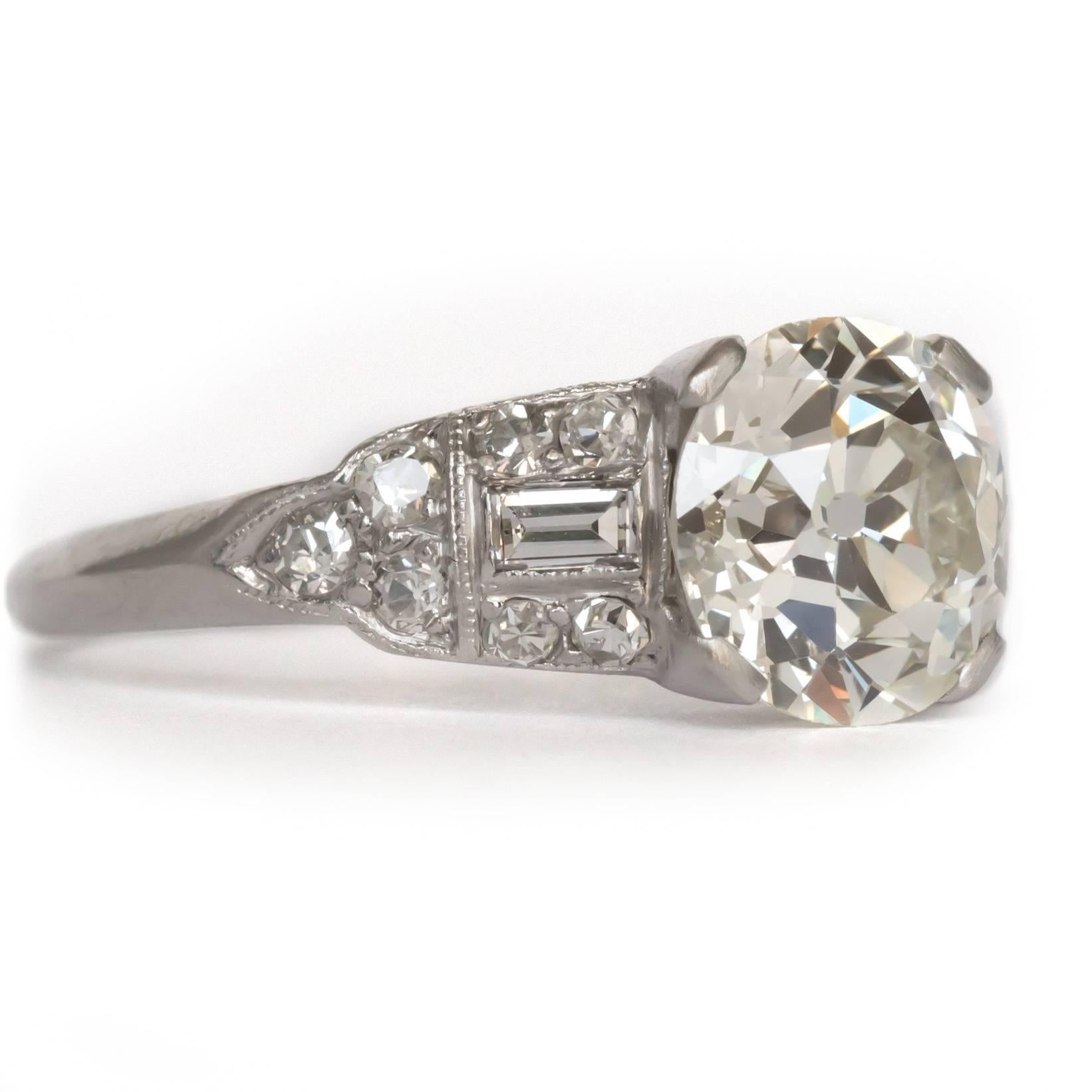 Baguette Cut 1920 Art Deco 1.76 Carat Old European Brilliant Diamond Platinum Engagement Ring