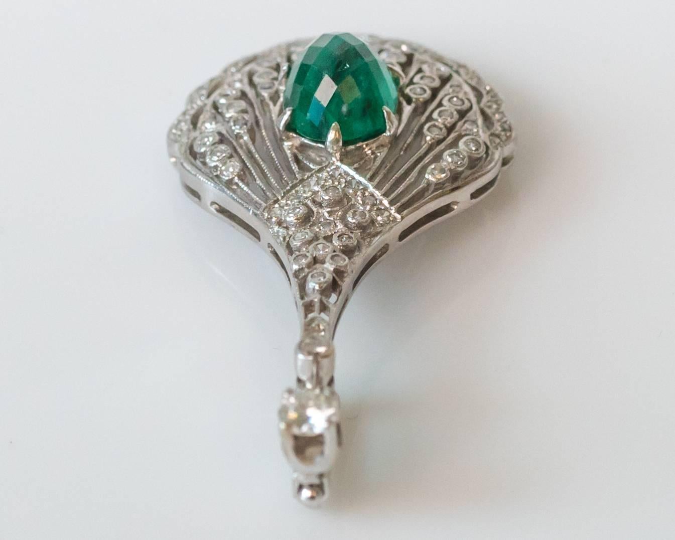 1990s Diamond, Green Chalcedony and 14 Karat White Gold Pendant 1