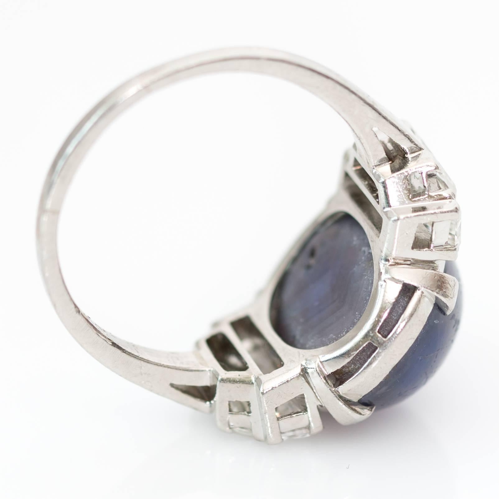 1940s Star Sapphire Cabochon and Diamond Platinum Cocktail Ring 2