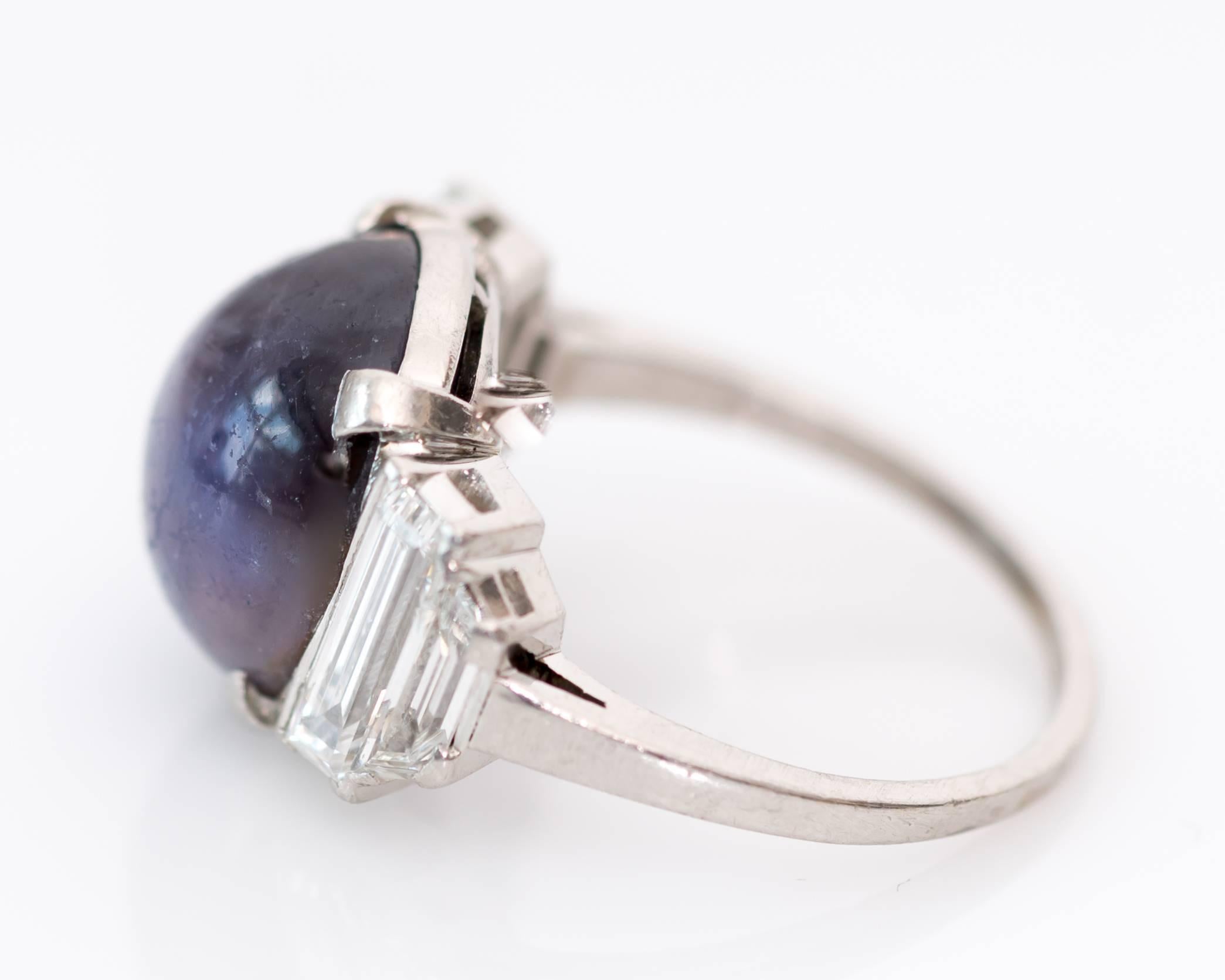 1940s Star Sapphire Cabochon and Diamond Platinum Cocktail Ring In Good Condition In Atlanta, GA