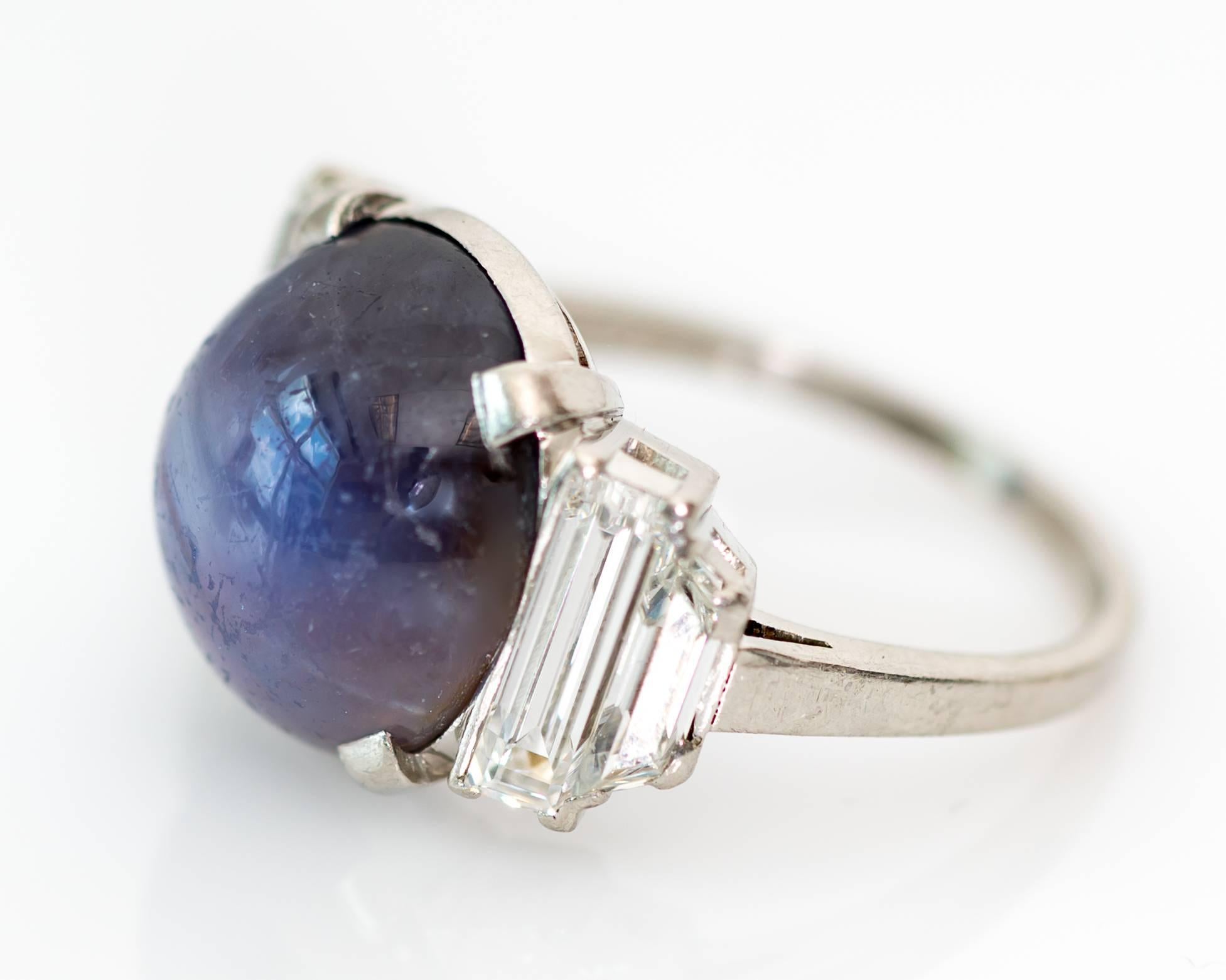 Women's 1940s Star Sapphire Cabochon and Diamond Platinum Cocktail Ring