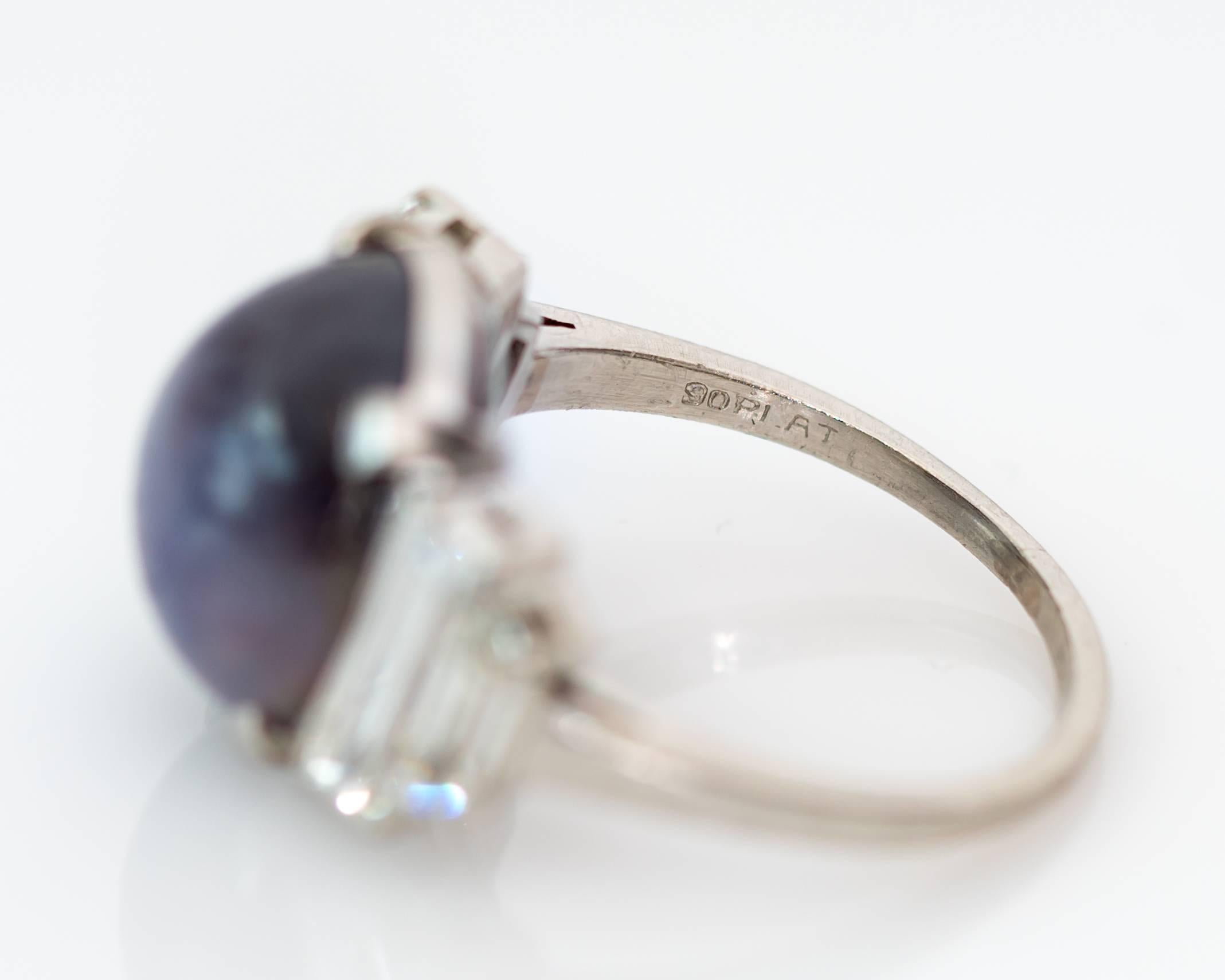 1940s Star Sapphire Cabochon and Diamond Platinum Cocktail Ring 1