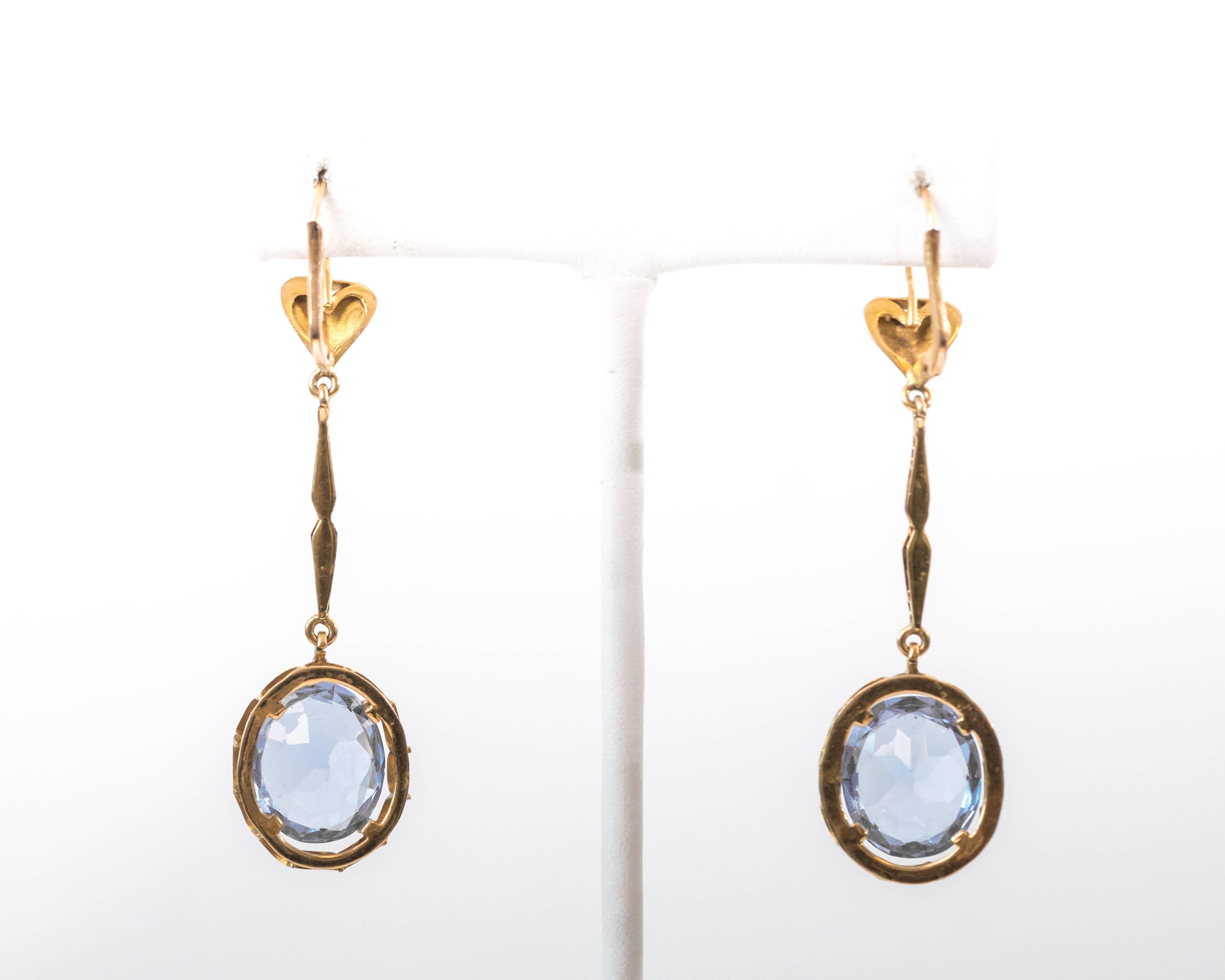 Modern 1950s 10 carat total Blue Topaz and 14 Karat Yellow Gold Dangle Earrings