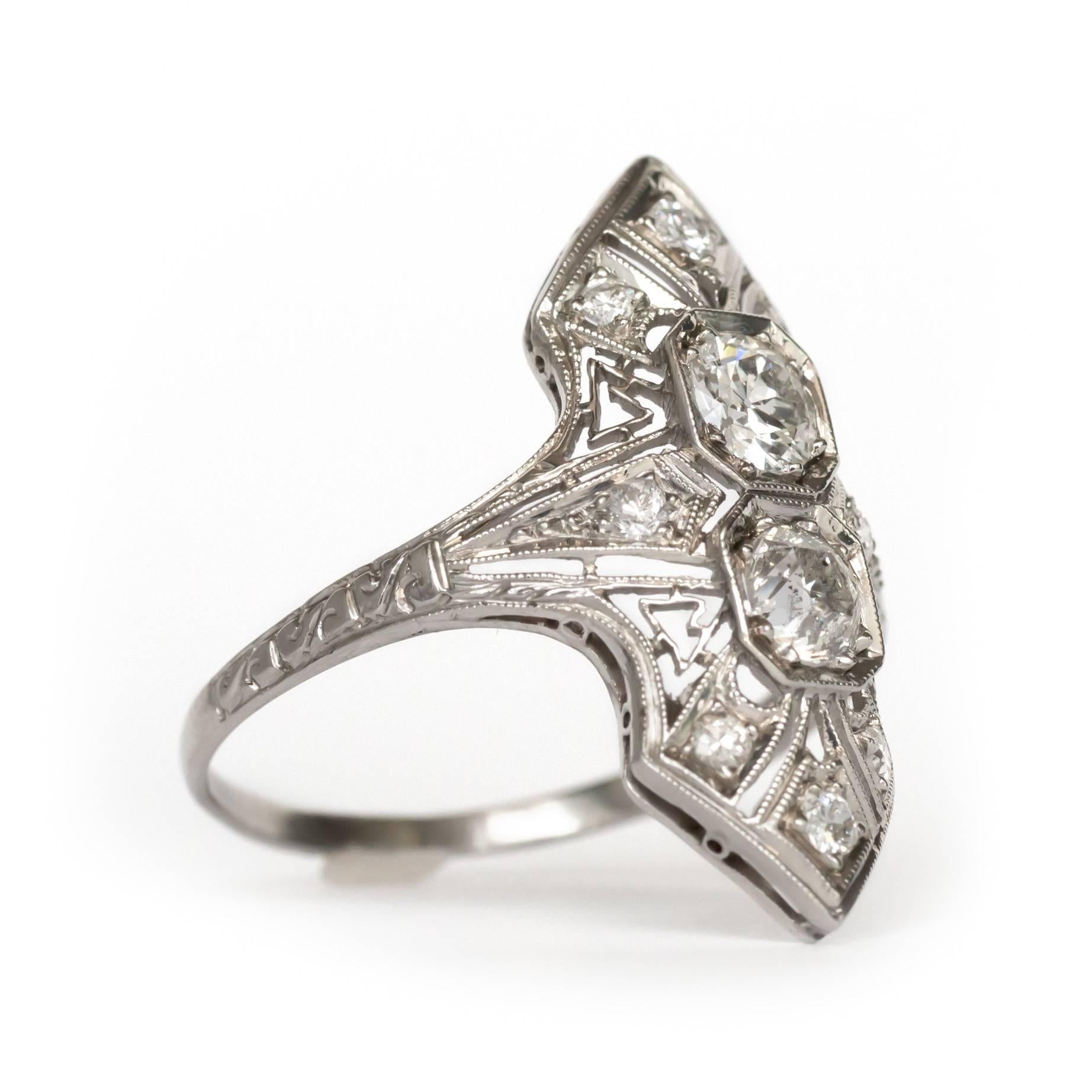 Item Details: 
Ring Size: 9.25
Metal Type: Platinum 
Weight: 4.4 grams

Center Diamond Details
Shape: Old European Cut
Carat Weight: .75 carat total weight
Color: F
Clarity: I1

Side Stone Details: 
Shape: Antique Single Cut 
Total Carat Weight: .25