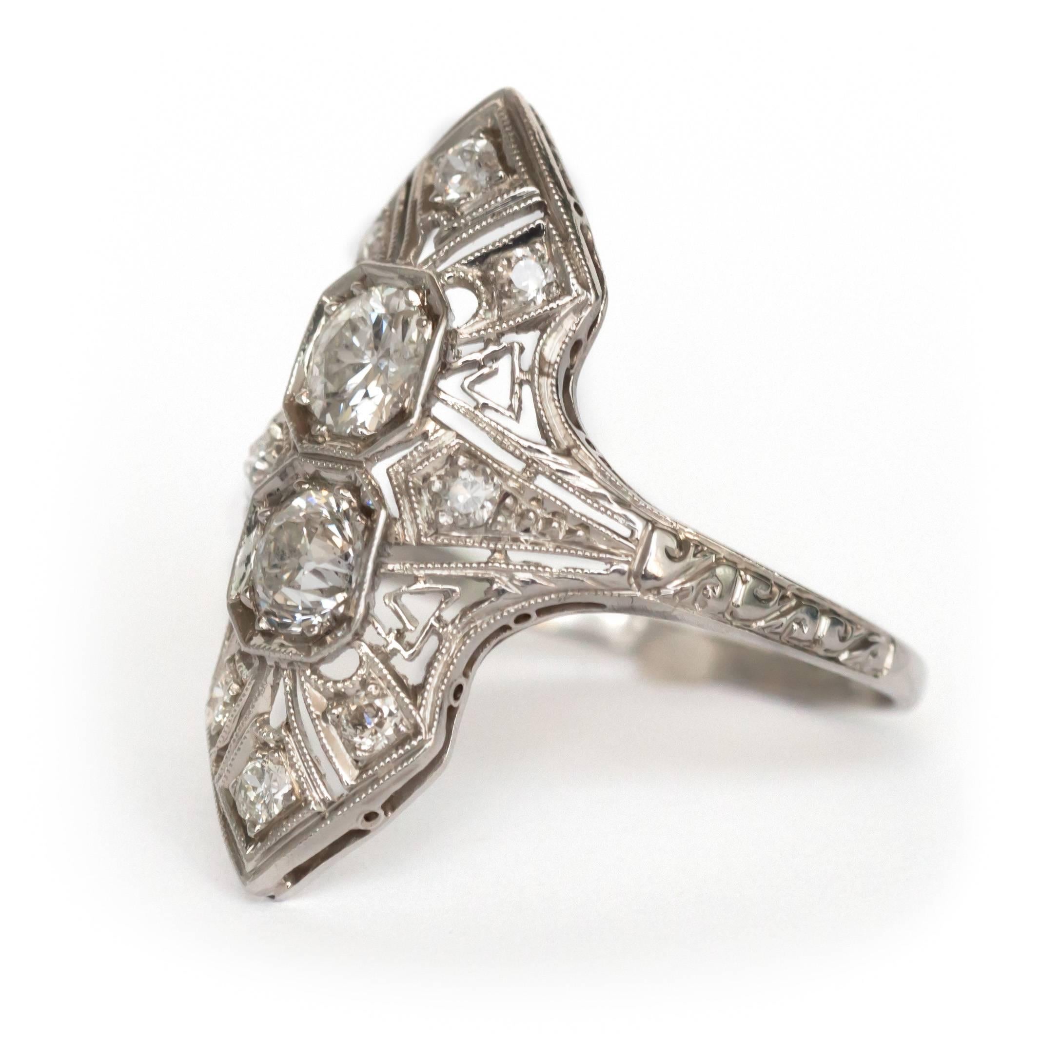 Old European Cut 1920s Art Deco Platinum .75 Carat Total Weight Center Diamond Engagement Ring