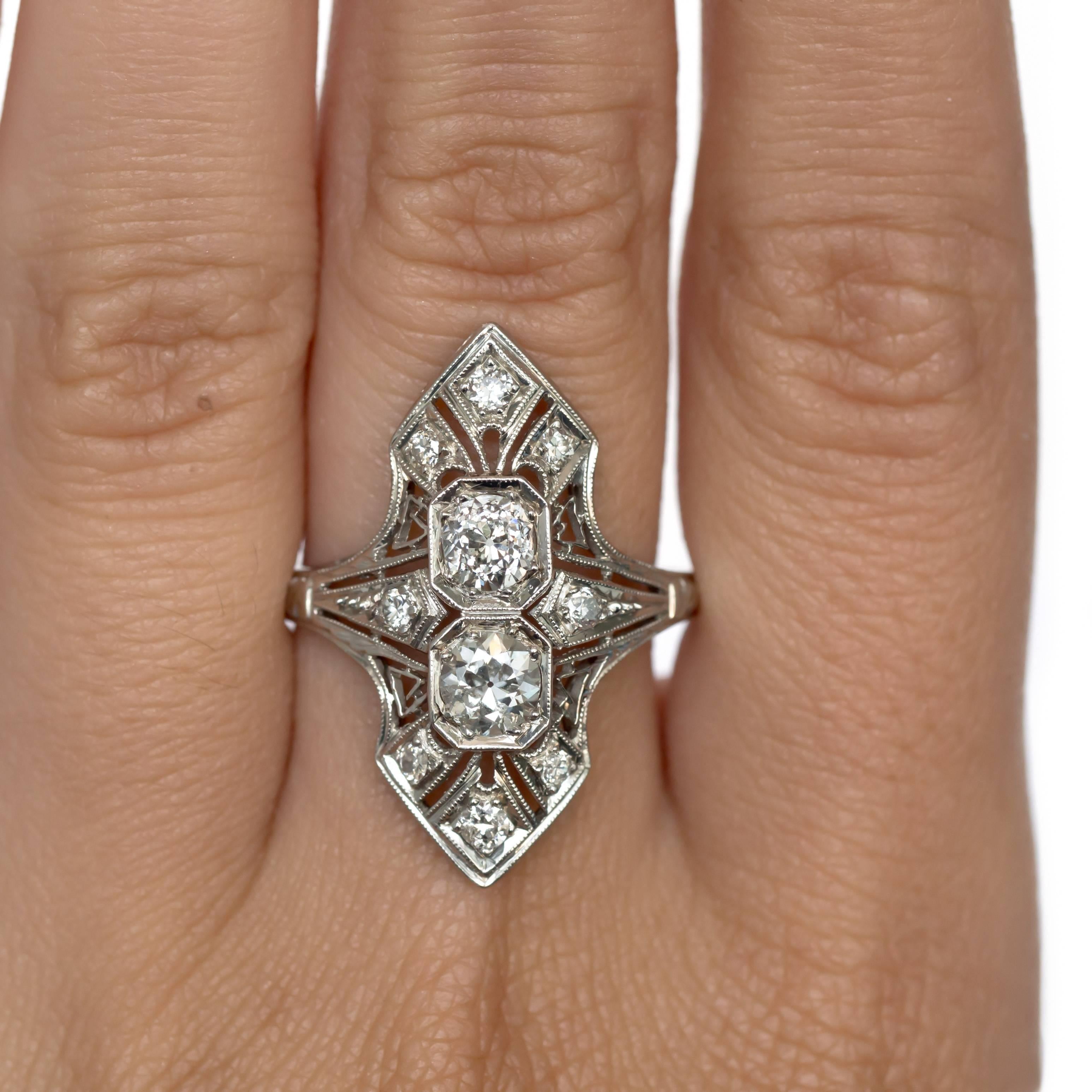 1920s Art Deco Platinum .75 Carat Total Weight Center Diamond Engagement Ring 1