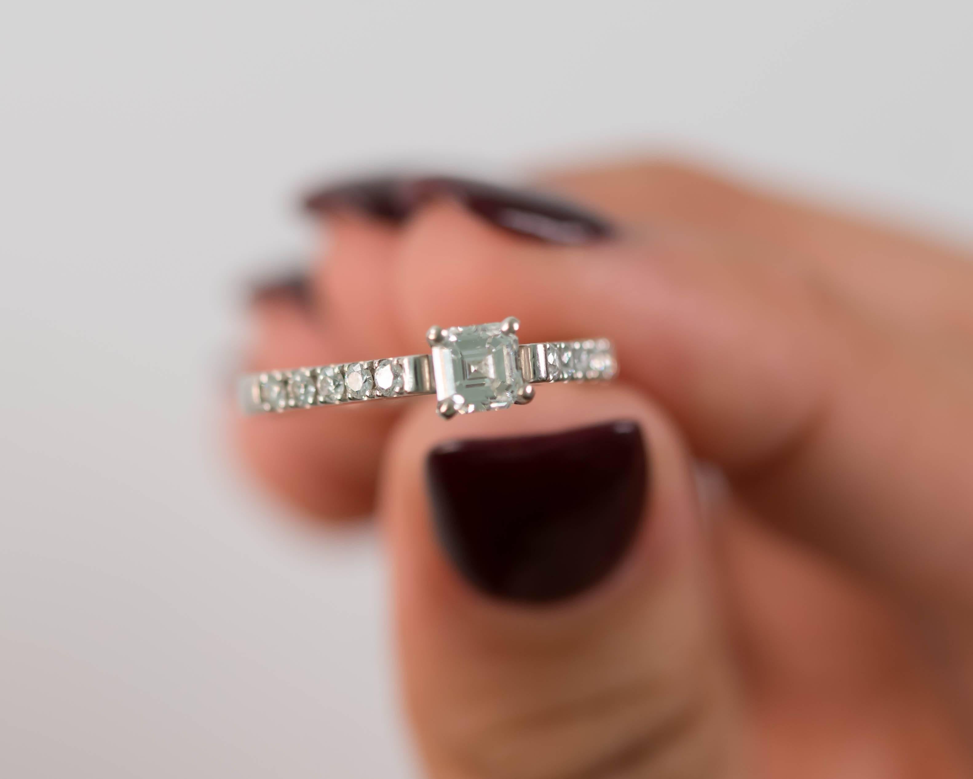 Asscher Cut GIA Certified 0.56 Carat Diamond and 14 Karat Gold Engagement Ring For Sale