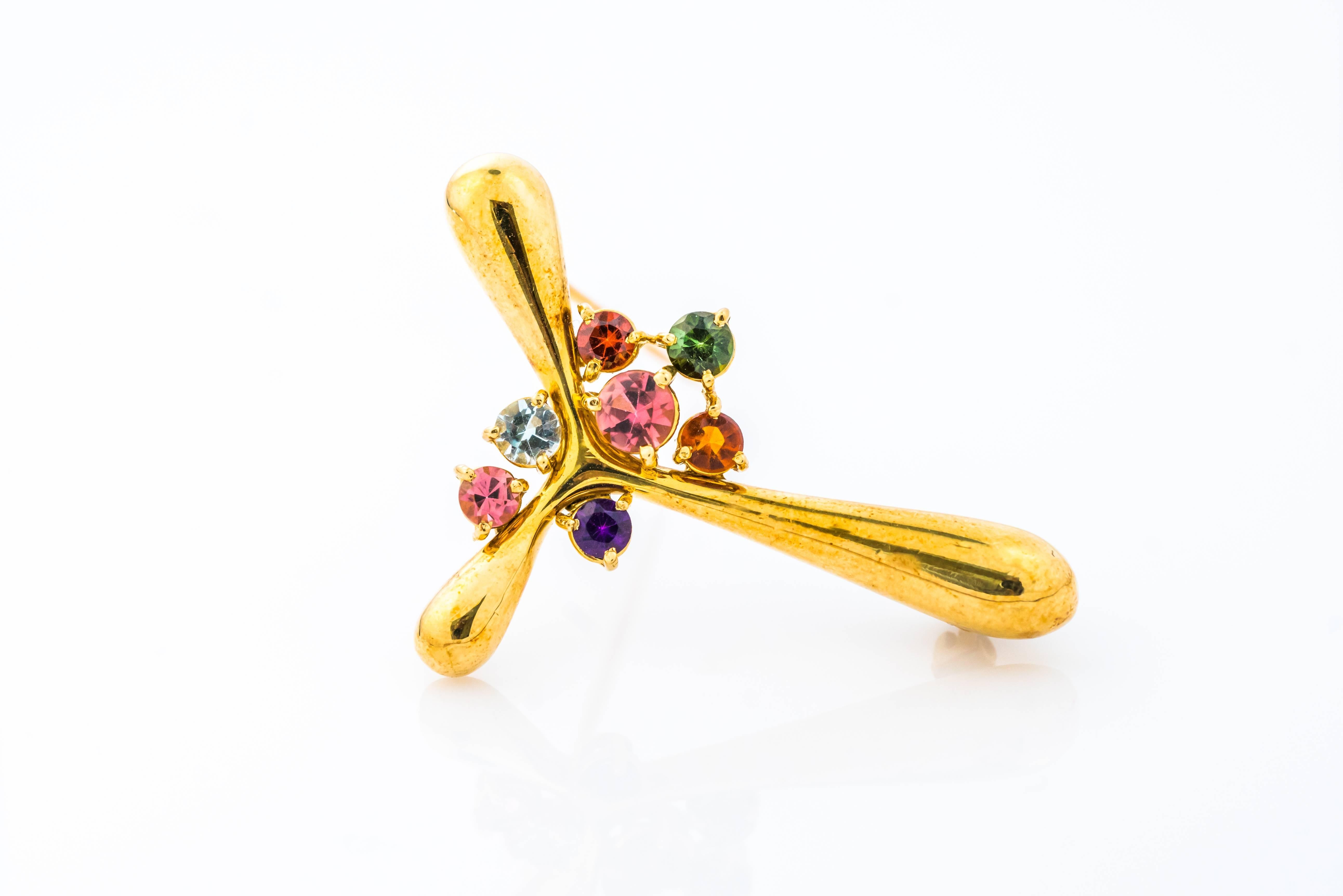Modern H. Stern Multi Gemstone and 18 Karat Gold Geometric Brooch For Sale
