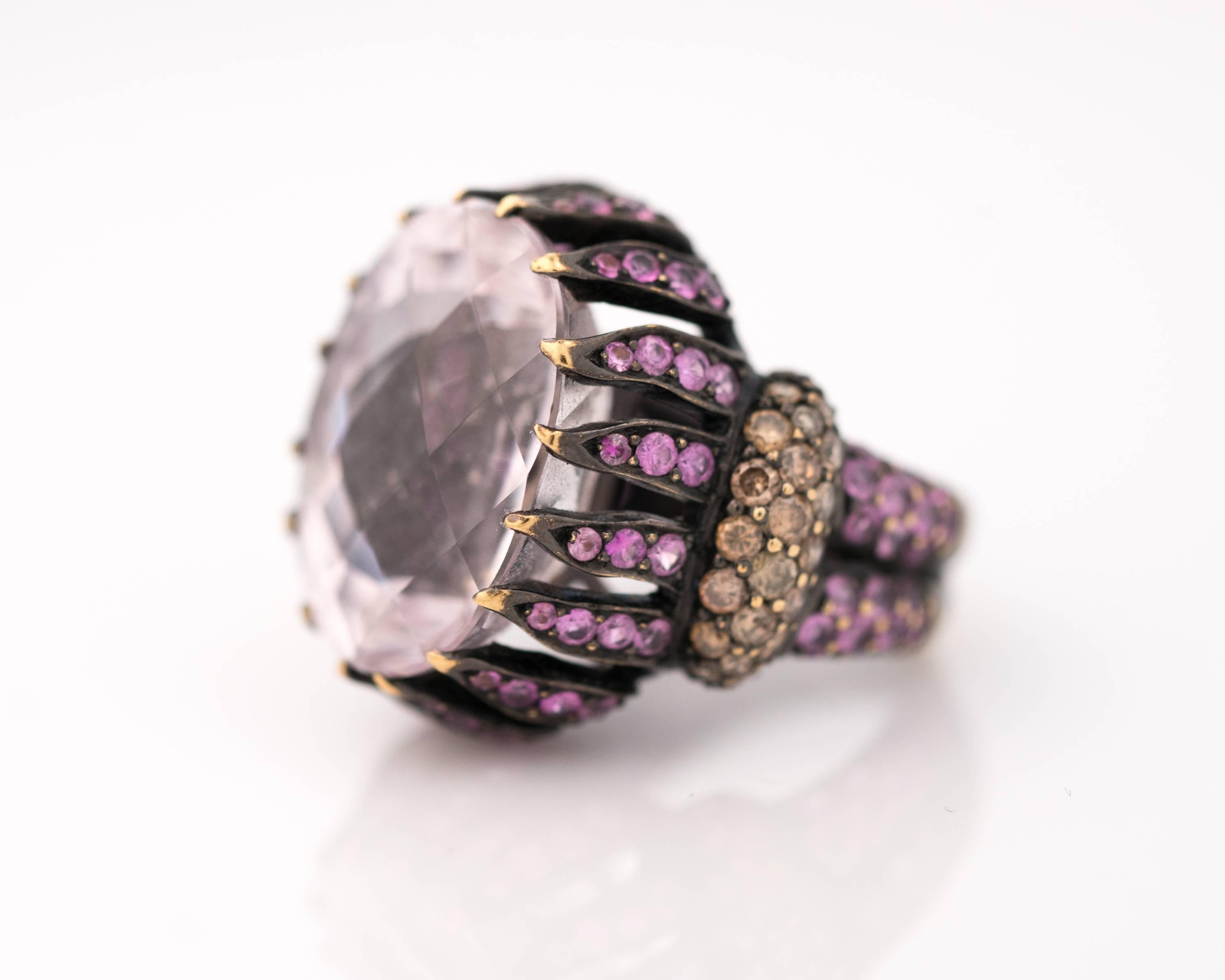 15 Carat Pink Kunzite, Sapphire and Diamond Cocktail Ring 1