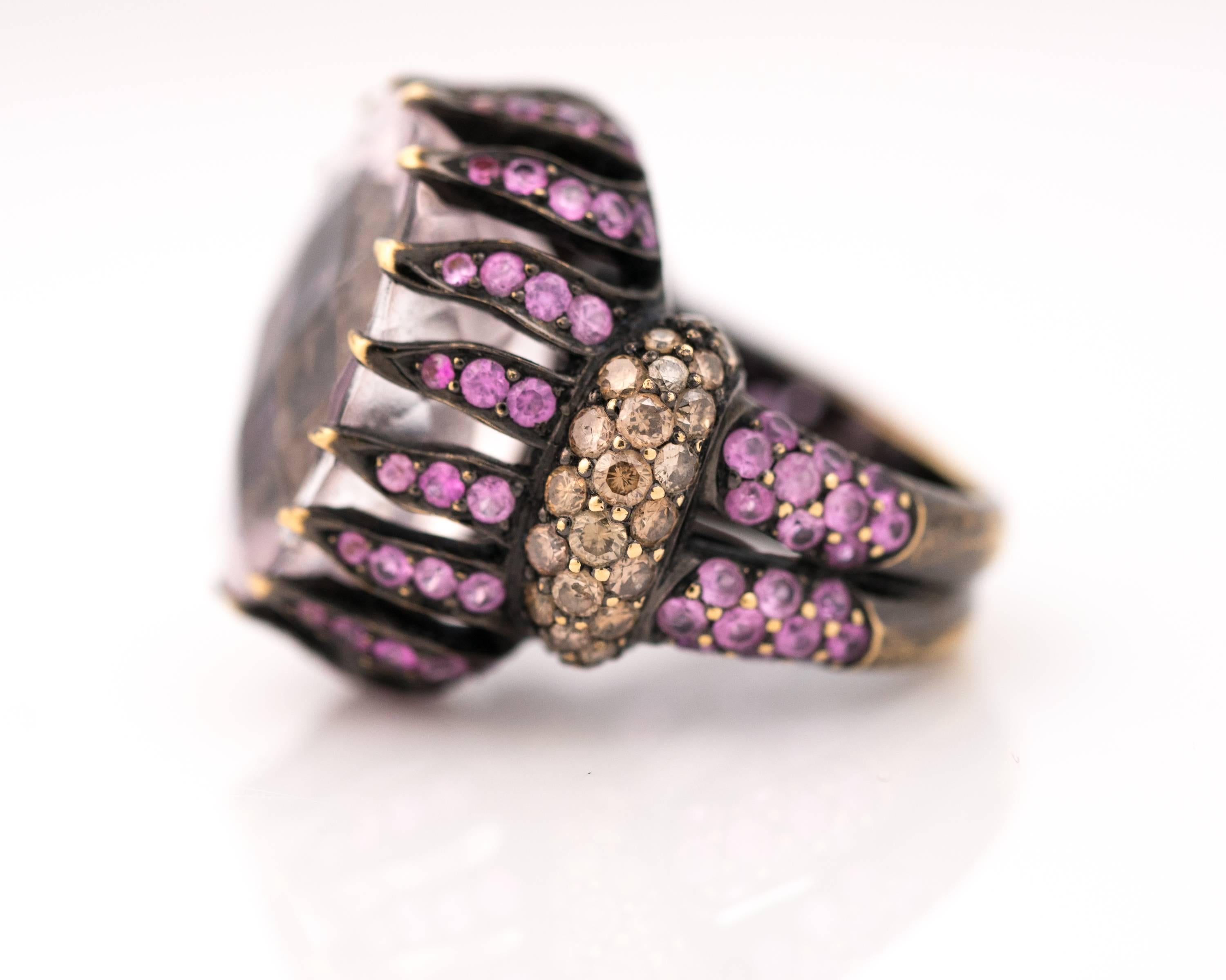 Women's 15 Carat Pink Kunzite, Sapphire and Diamond Cocktail Ring
